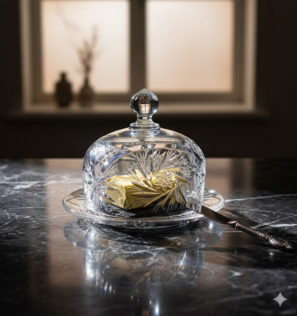 Antiquität Glas Butter Schälchen mit Deckel 15cm Durchmesser Deko